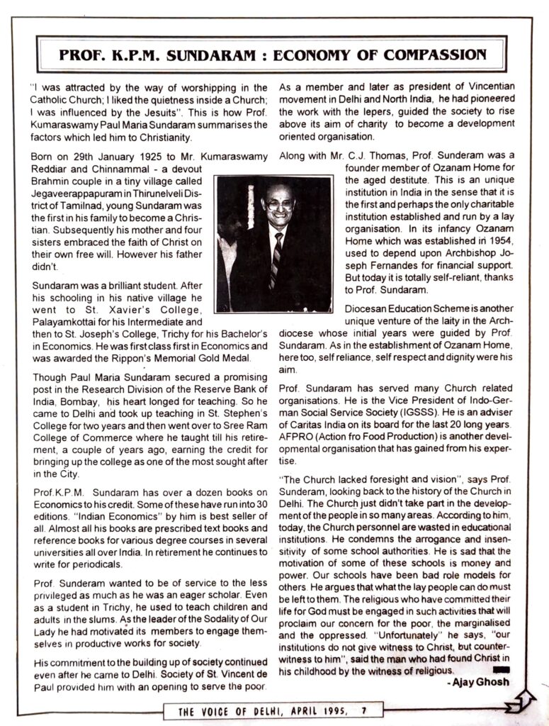 Economy of Compassion - an Article on K P M Sundharam published in the Voice of Delhi, Apr 1995